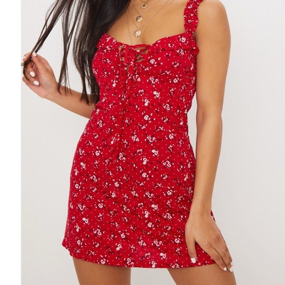 pretty little thing red floral dress
